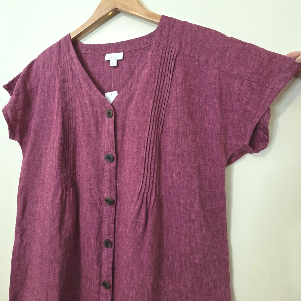J Jill Love Linen Button Front Pintuck Dress Sz M Boxy Coastal Shift Lagenlook - Picture 5 of 13
